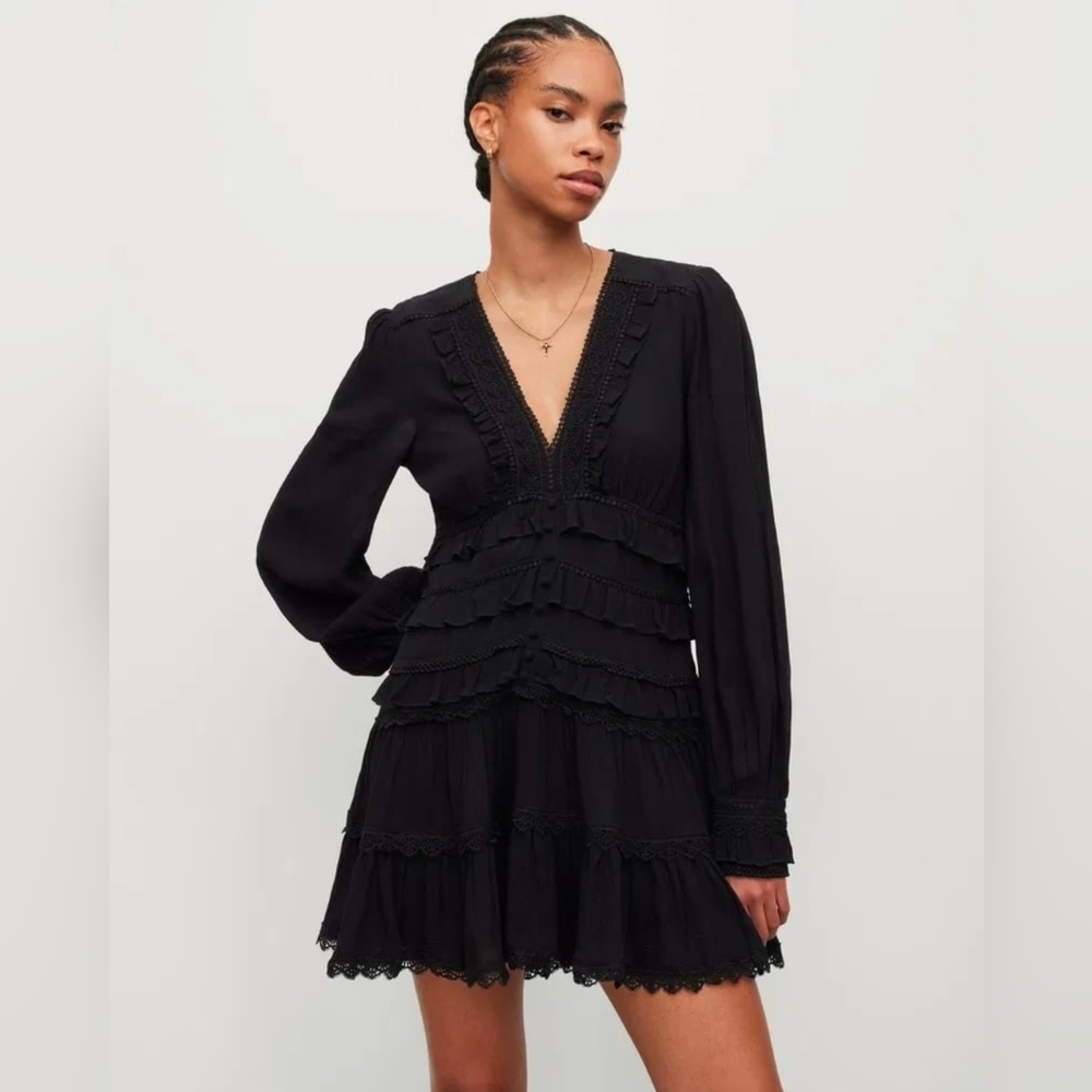 All Saints Black Ruffle Long Sleeve Dress